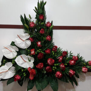 Palma rosas rojas y anthurium blanco