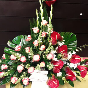 Palma rosas jaspeada y anthurium rojo