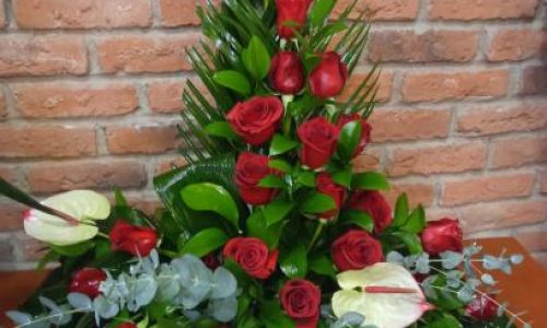 Palma rosas rojas y anthurium blanco