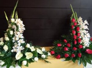 Palmas rojas y rosas blancas